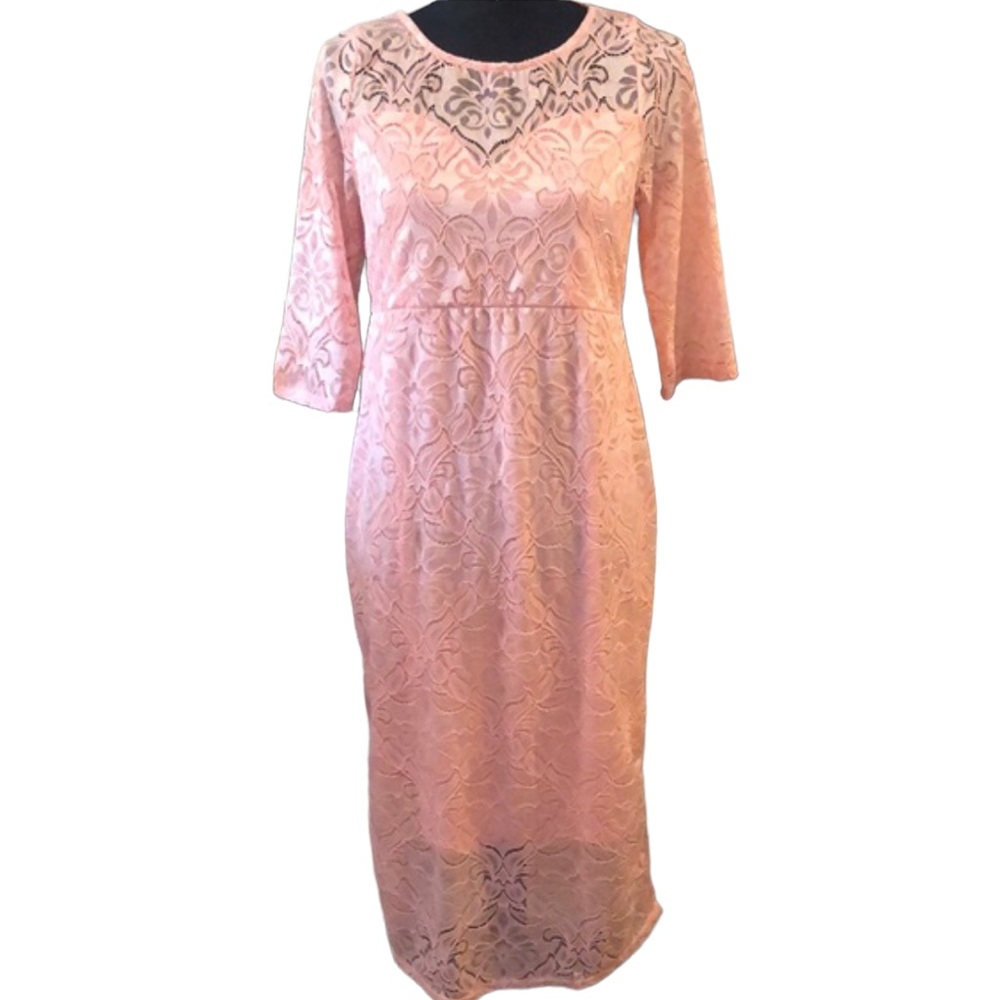 MY BUMP MATERNITY MIDI THREE QUARTER SLEEVE LACE COVERED DRESS BABY PINK SIZE M